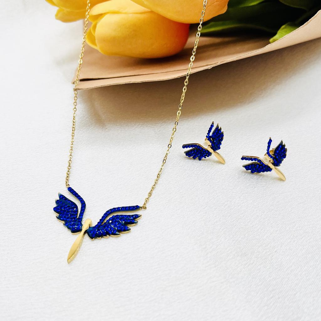 hc Fashion Design Stainless Steel Necklaces Set 18k Gold Plated Micro Zircon Angel wings Pendant Necklace Fine Jewelry