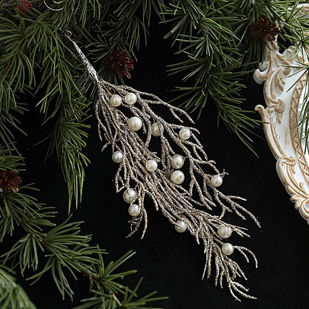Christmas Tree Branches Ornaments Artificial Shiny Pendant With Pearl Christmas Glitter Stems For Holiday Birthday Party Offices
