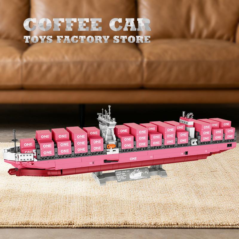 Non-Toxic Diy 3D Bricks Puzzle Pink Cargo Ship 1446Pcs Container Boat Assembly Model Kits Vessels Building Blocks Toys Adult Birthday Gift