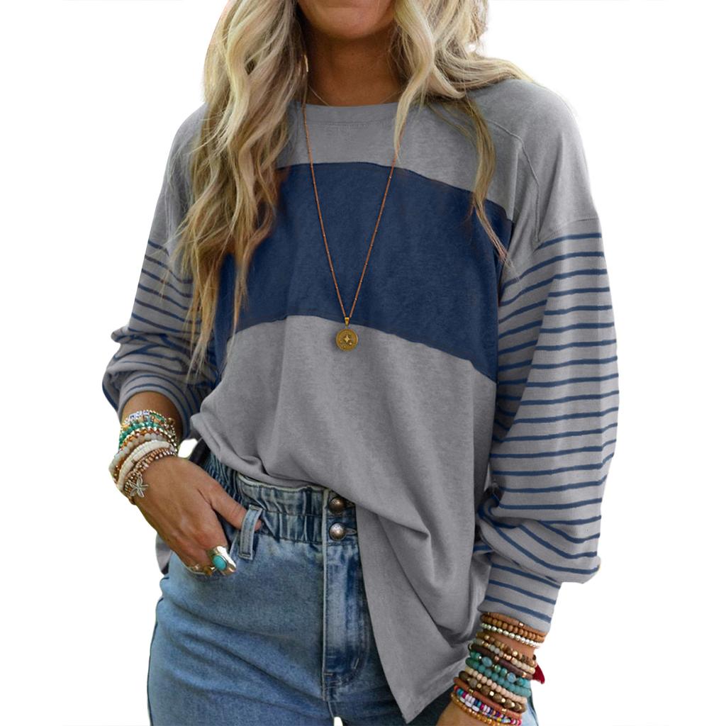 Women's Casual Loose Pullover Striped Contrast Color Long,sleeved T,shirt