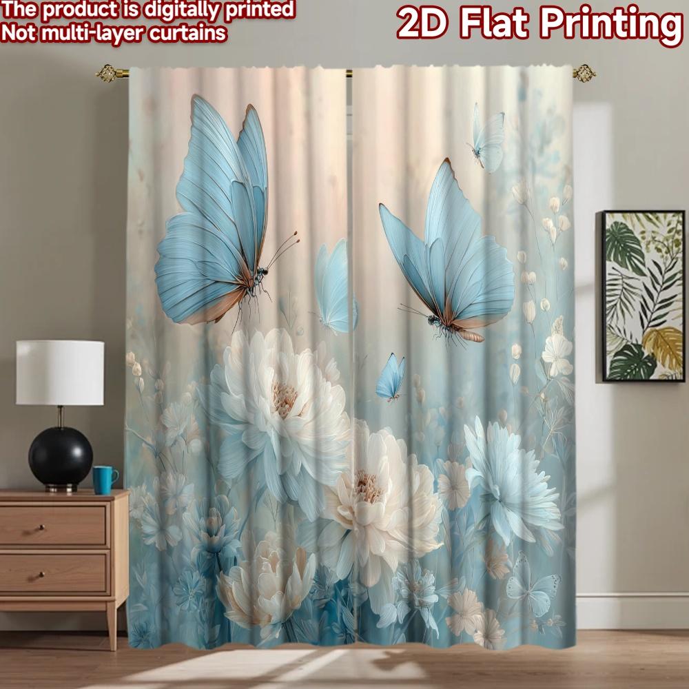 2D Flat Printing 2pcs Curtains Blue Butterfly Flowers Digital Printed Polyester Drapes Family Party Use for Living Room Decor