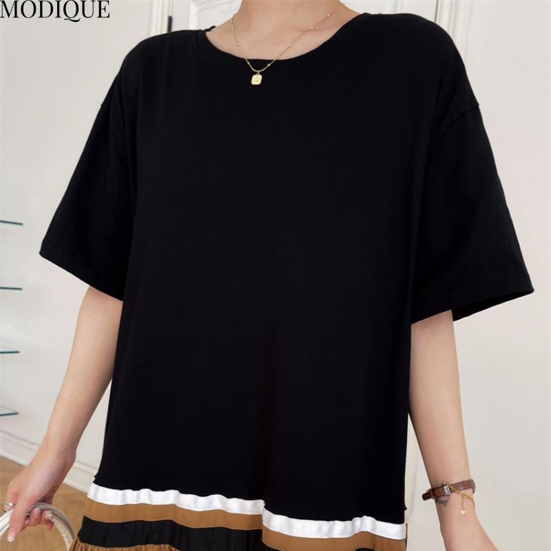 MODIQUE Summer Plus Size New Women Basic Loose Minimalist Color Matching T-Shirt Patchwork Long Dresses Female Casual Short Sleeve O-Neck Dresses