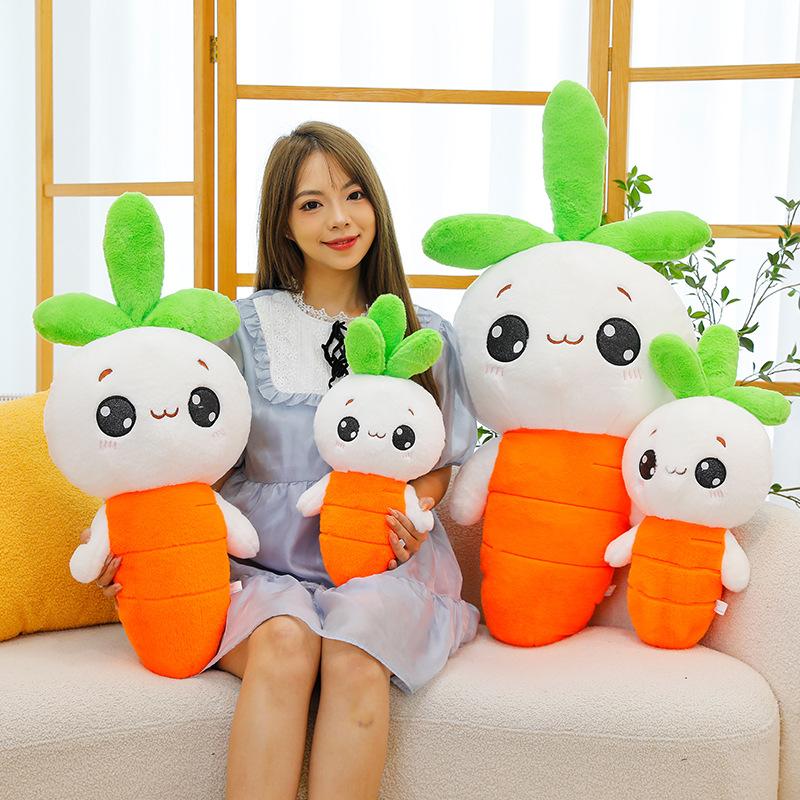 Cute Rabbit Radish Running Fast Plush Toy Expression Carrot Doll Cartoon Girl Holding Pillow On Bed