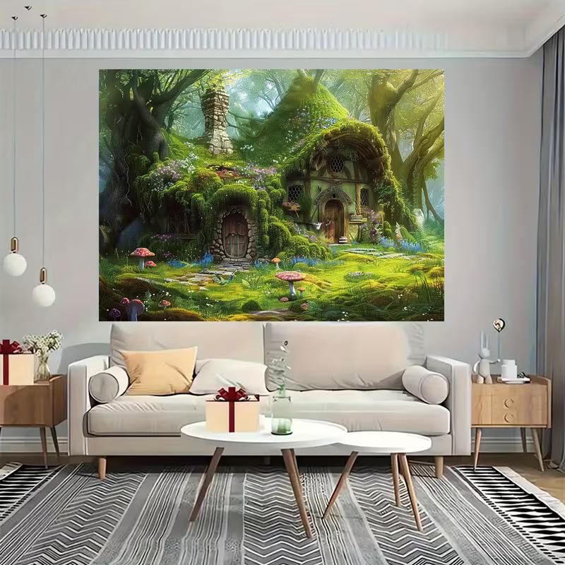 

2D Whimsical Magical Forest Fairy Hut with Colorful Mushrooms Party Backdrop 47.2x31.5inch/120*80cm