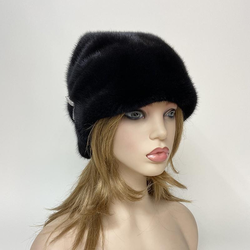New Luxury Winter Hats for Women Natural Mink Fur Balls Pompom Diamond Warm Snow Cap Outdoor Real Fur Hat