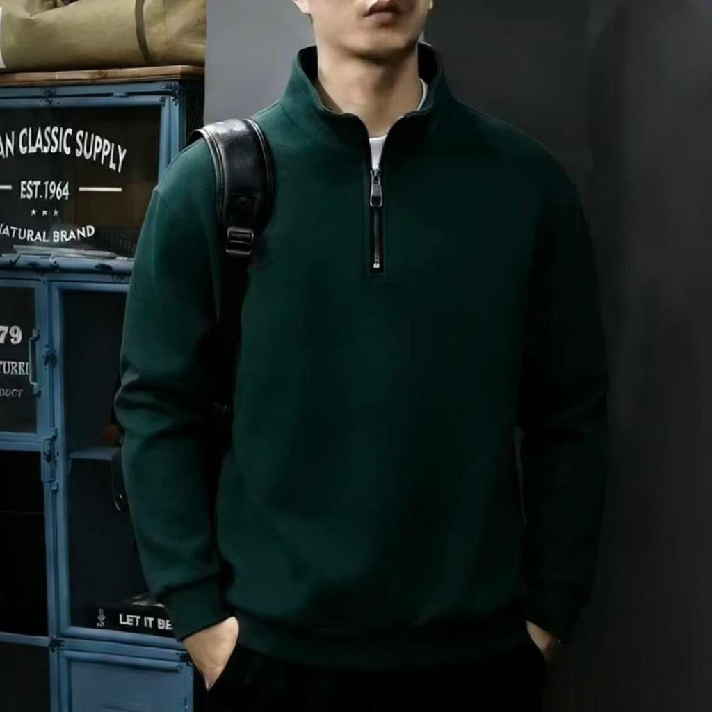 Men's Double-Sided Fleece Hoodie, Autumn Winter Warm Long Sleeve T-Shirt, Half Zip, Stand Collar, Loose Fit.