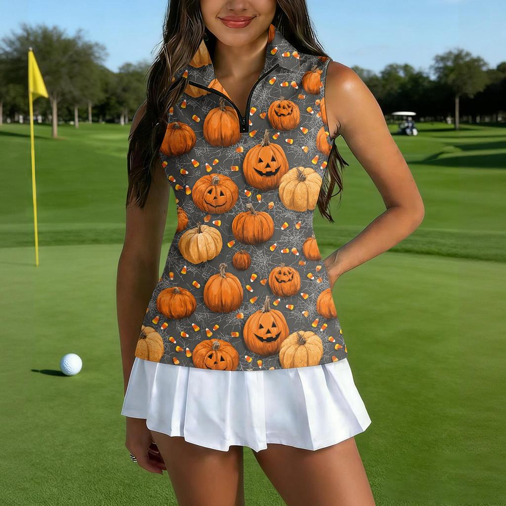 Women's Sleeveless Golf Shirt with Zipper and Halloween Print for Casual Sports Wear