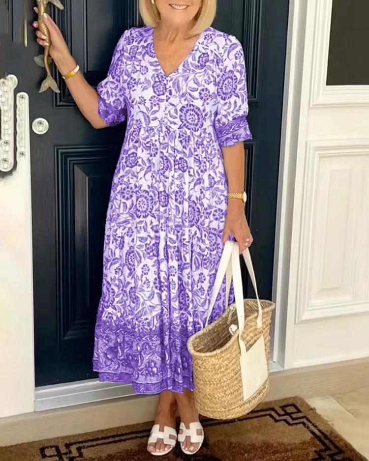 

2025 Summer Floral Tie-Dye Print Long Commute Dress 4XL фиолетовый