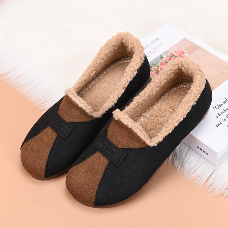 Women's Casual and Plush Thick Mom Shoes Bean Shape Slip-On Casual Shoes with Fleece and Thickened Cotton