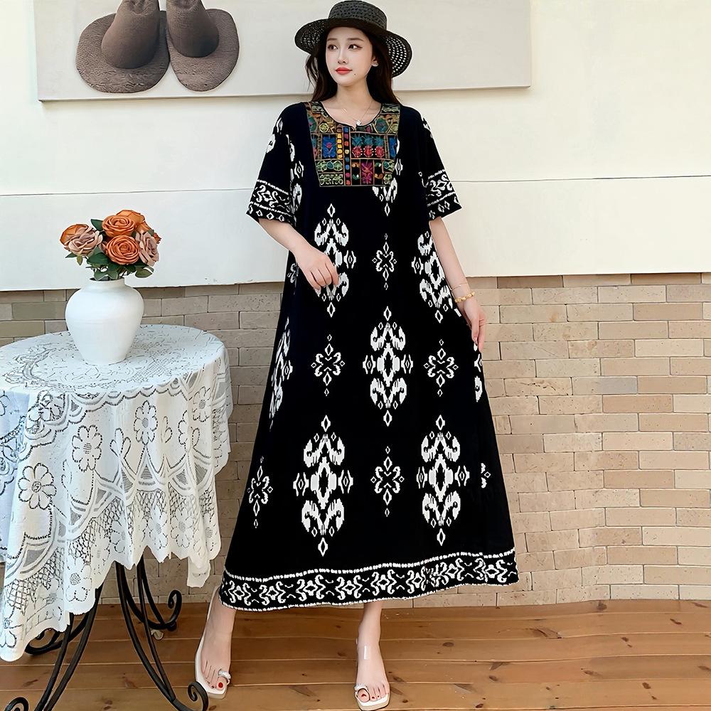 Bohemian Ethnic Print Long Dress Womens Short Sleeve Embroidered Neck Loose Casual Summer Dress