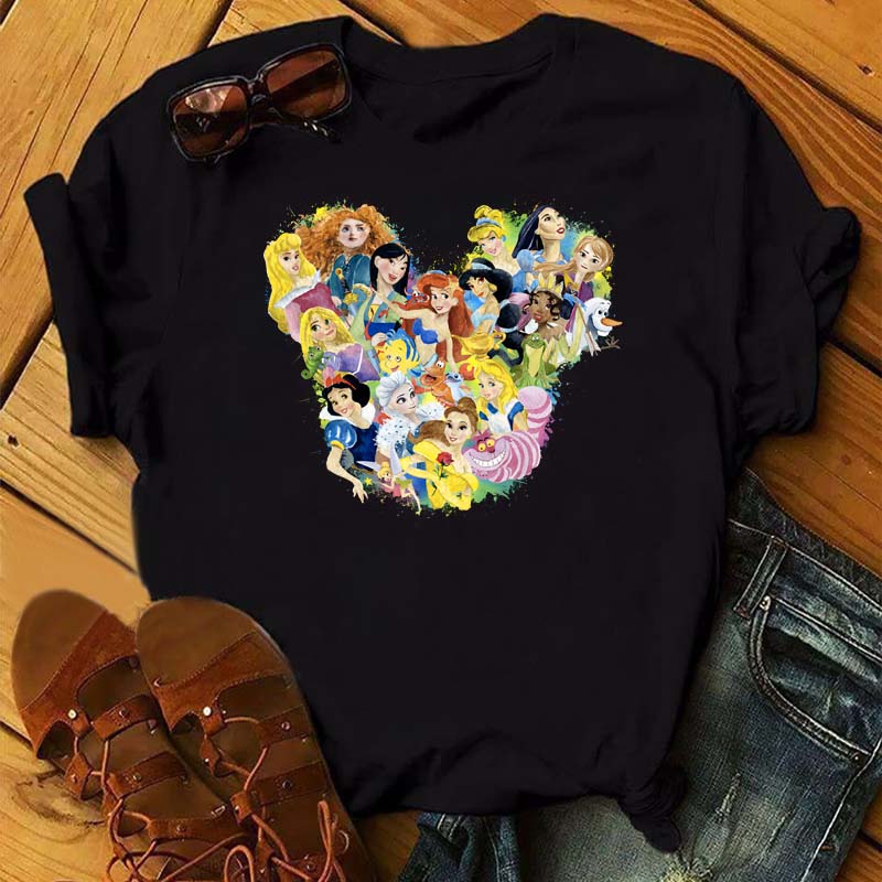 Funny Summer Disney Villains Printed Women T Shirts Round Neck Y2k Clothes Cartoon Graphic T Shirts 90s Female Tops Tees