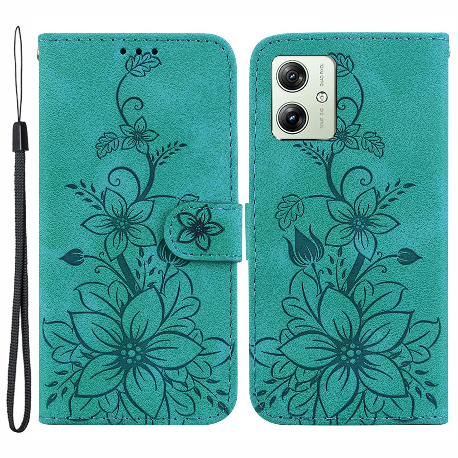 

For Motorola Moto G54 5G Case Lily Flower Imprint Leather Wallet Phone Stand Cover Green