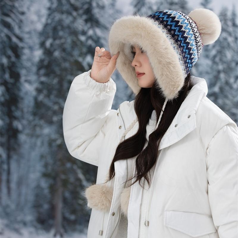 Ethnic Style Furry Warm Hat Women's Winter Plush Thickened Hairball Cold Hat Outdoor Ski Hat