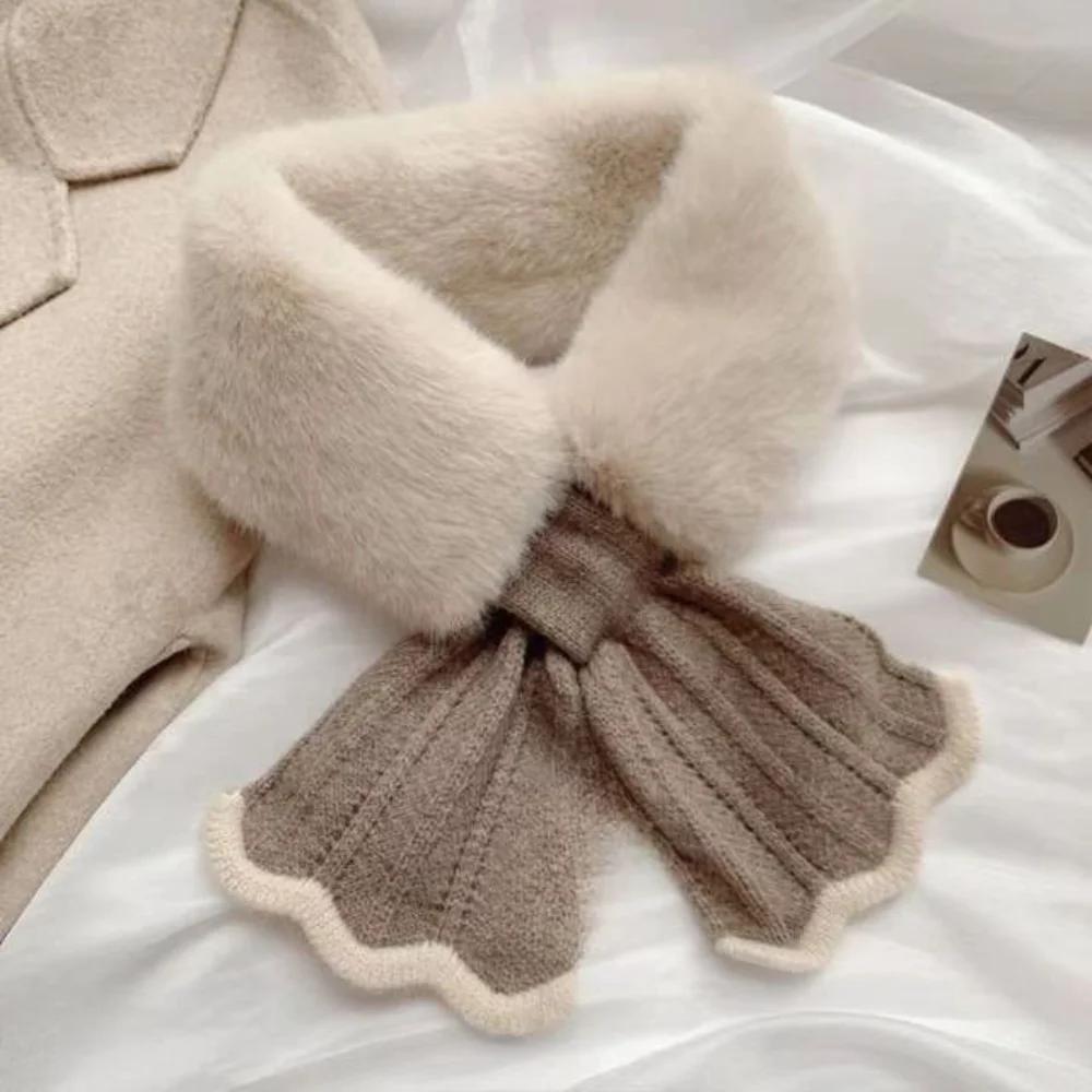 Winter Plush Scarf Woman Thick Fish Tail Wool Knit Cross Fur Collar Outdoor Cycling Neck Protection Cervical Spine Warm Scarve
