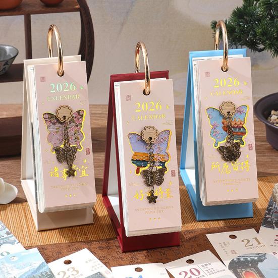 2026 Vintage European Style Oil Painting Flip Calendar January-December Desk Planner with Butterfly Pendant Desktop Monthly Organizer for Home Office