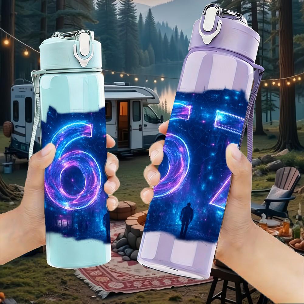 1PC Glowing Number Six Seven 750ml Color Plastic Sports Water Bottle Leakproof Flip Straw Lid Suitable for Sports Office Home Use