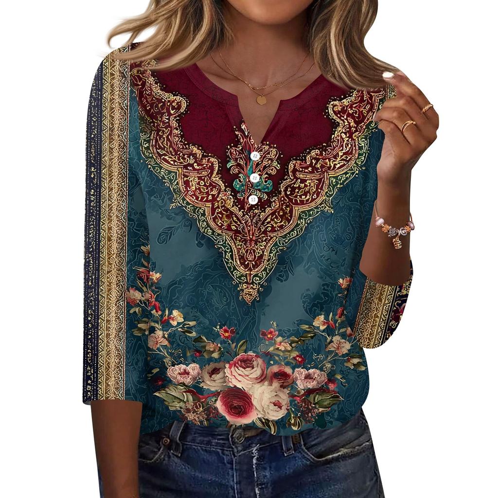 Women's T Shirt Print Button 3/4 Sleeve Daily Weekend Fashion Basic V- Neck Regular Top