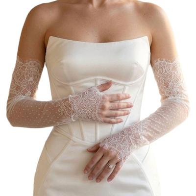 Long White Lace Gloves with Open Fingers, Stretchy Nylon and Patterned Mesh for Special Occasion Formal Parties Photography