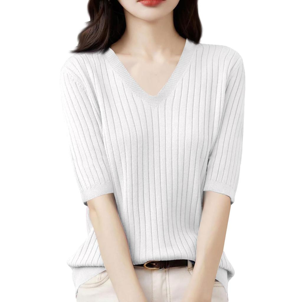 Women's Fashion Loose Knit Sweater Bottom Shirt V-Neck Pullover Half Sleeve Solid Color Top