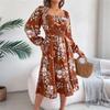 Women's Fashion Floral Print Square Neck Long Sleeve Waisted Ruffled A-Line Skirt