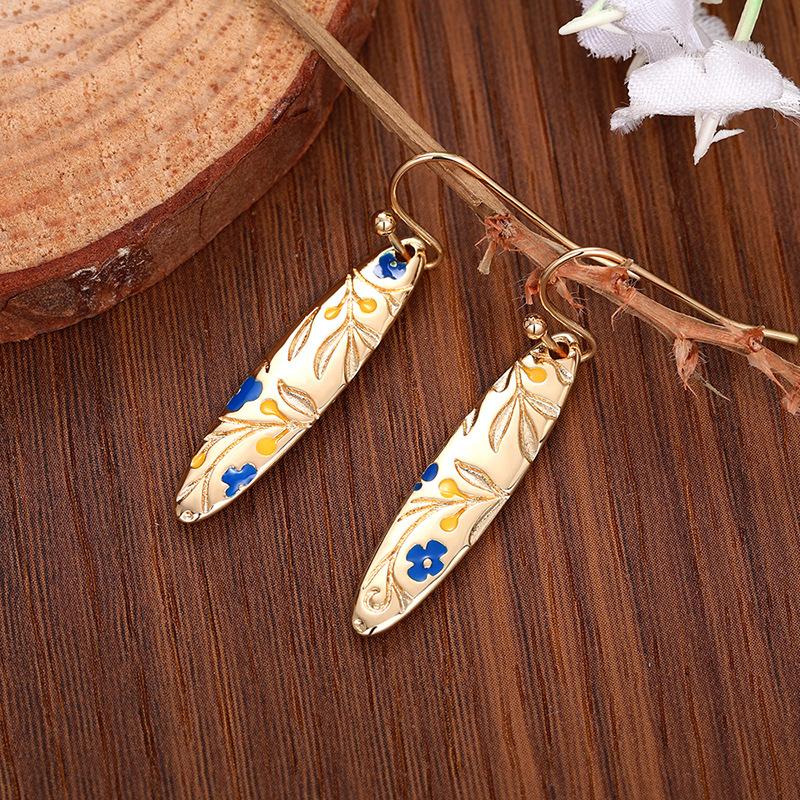 Hand-painted Floral Ceramic Drop Earrings, Bohemian Style Long Oval Earrings for Women, Vintage Blue & White Flower Jewelry Gift