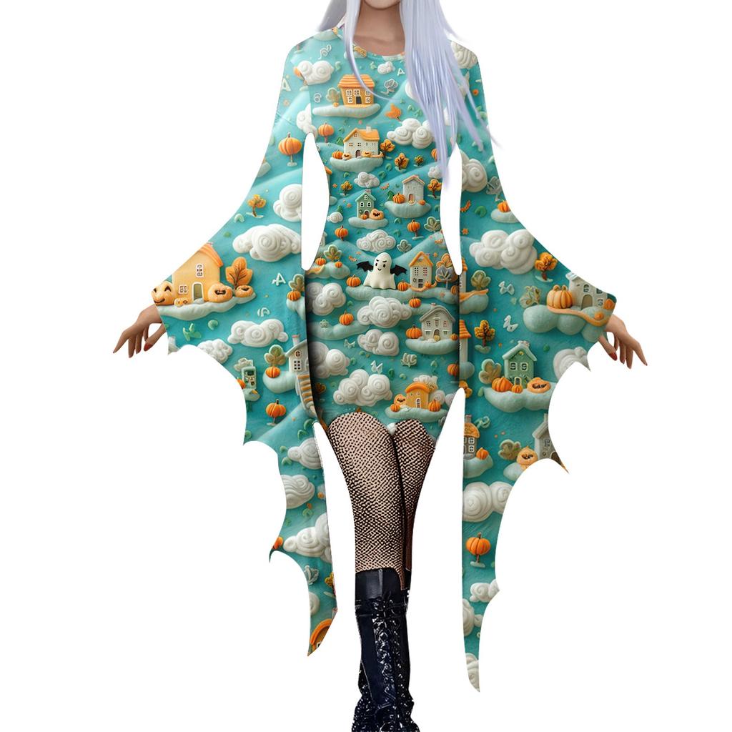Women Fashion Gothic Punk Bat-Sleeve 3D Cute Halloween Print Irregular Party Dress