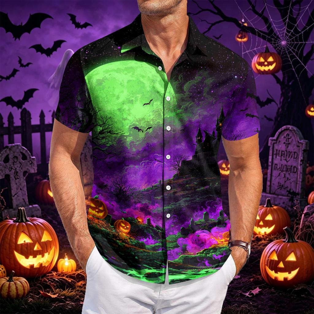 Men's Casual Short Sleeve Shirt Button Down Lightweight Breathable Fabric Halloween Bat Print Shirt for Summer Beach Party