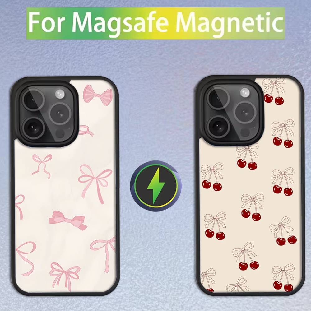 Korean Cute Pink Bow Phone Case For iPhone 17,16,15,14,13,12,11,Pro,Max,Plus,Mini,SE Magsafe Magnetic Wireless Charging
