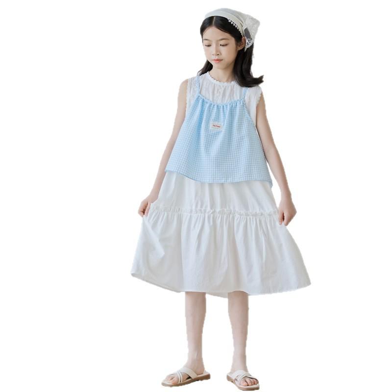 Girls Fashionable Halter-neck Checked Top Two-piece Summer Children s Blazer and Dress Set 120cm небесно-голубой