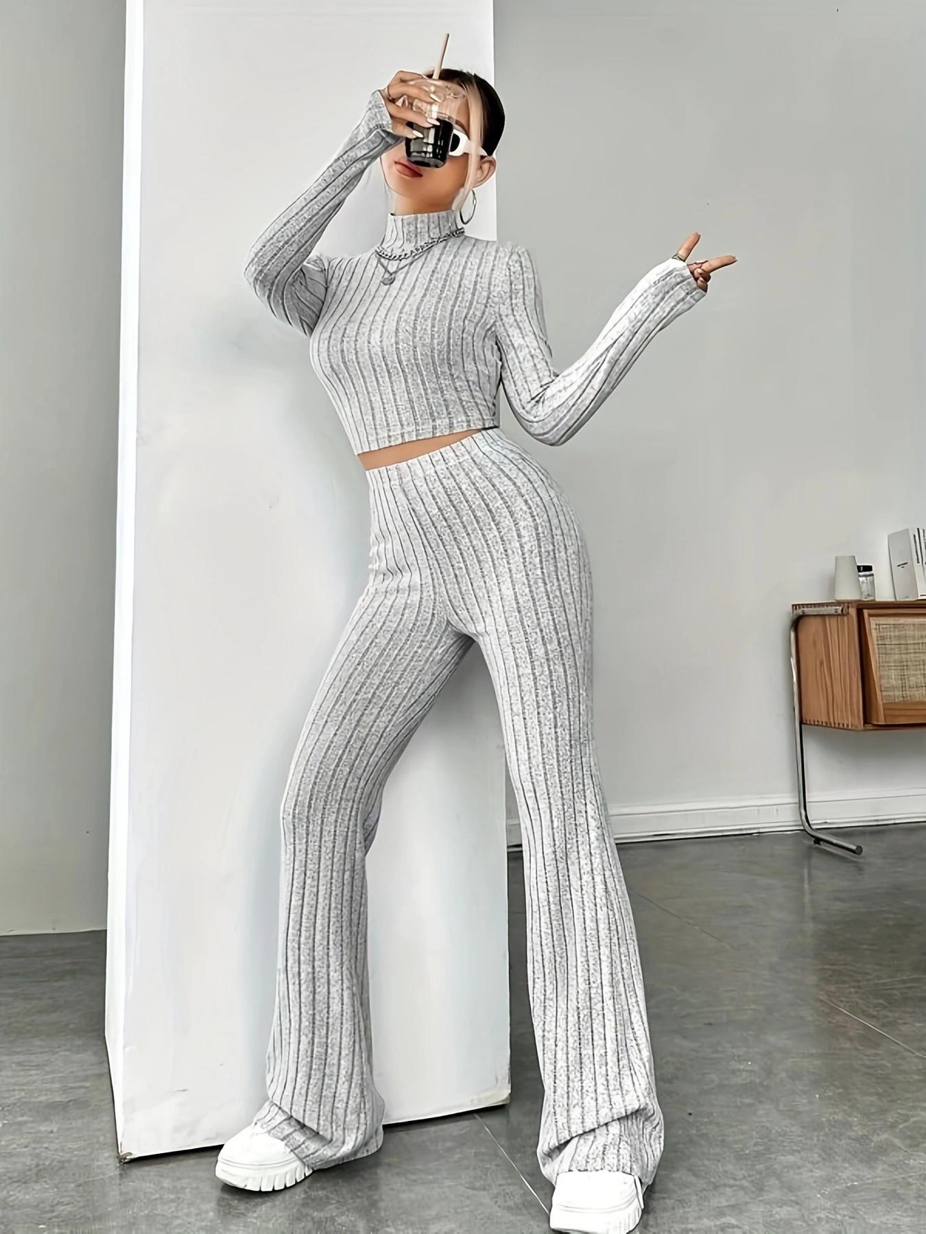 2025 New Style Women s Knit Long-Sleeve Suit with Loose High-Waisted Trousers M серый