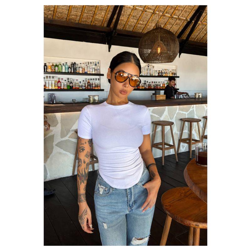 

Dovetail Short sleeve Women Summer Thin Elastic Knitting Thread Tight Slimming round Neck Versatile Comfortable White T-shirt Top White 2XL