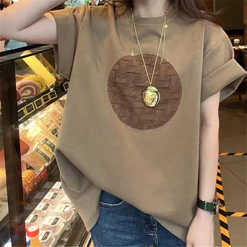 

Женская летняя 2024 года футболка оверсайз из хлопка цвета хаки - с коротким рукавом, средней длины, в трендовом стиле инс S хаки