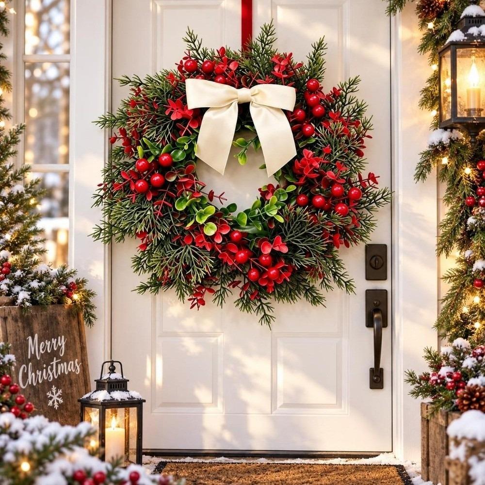 Realistic Design Christmas Wreath Velvet Bow Faux Greenery Wreath  Indoor Decor