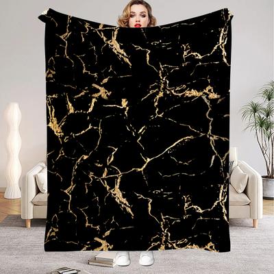 1pc Black Blanket Veined Marble Printed Luxury Comfortable Flannel Blanket for Home Living Room Bedroom Decoration Birthday Gift