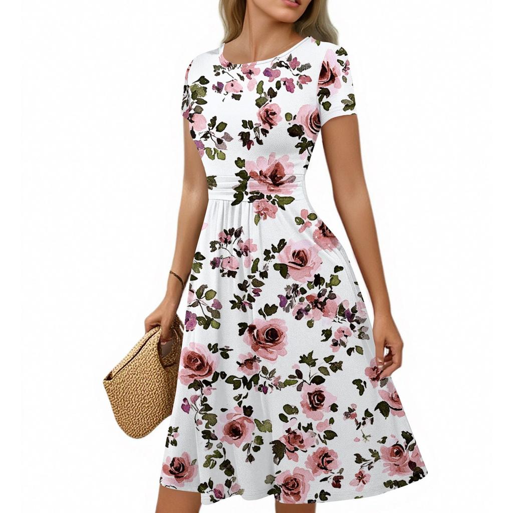 Women's Casual Fashion Round Neck Pleated Short Sleeve Retro Floral A-Line Midi Dress