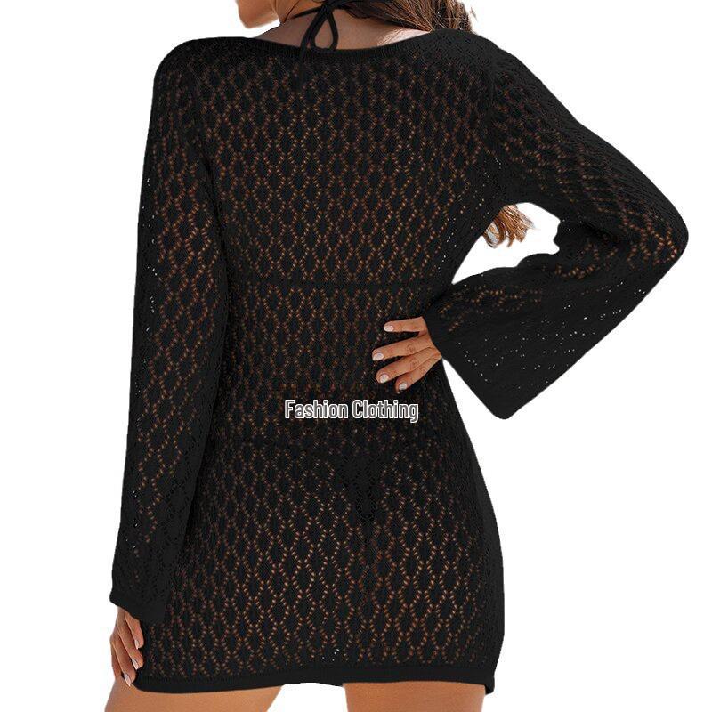 European & American V-Neck Long-Sleeve Hollow Texture Holiday Dress with Backless Design