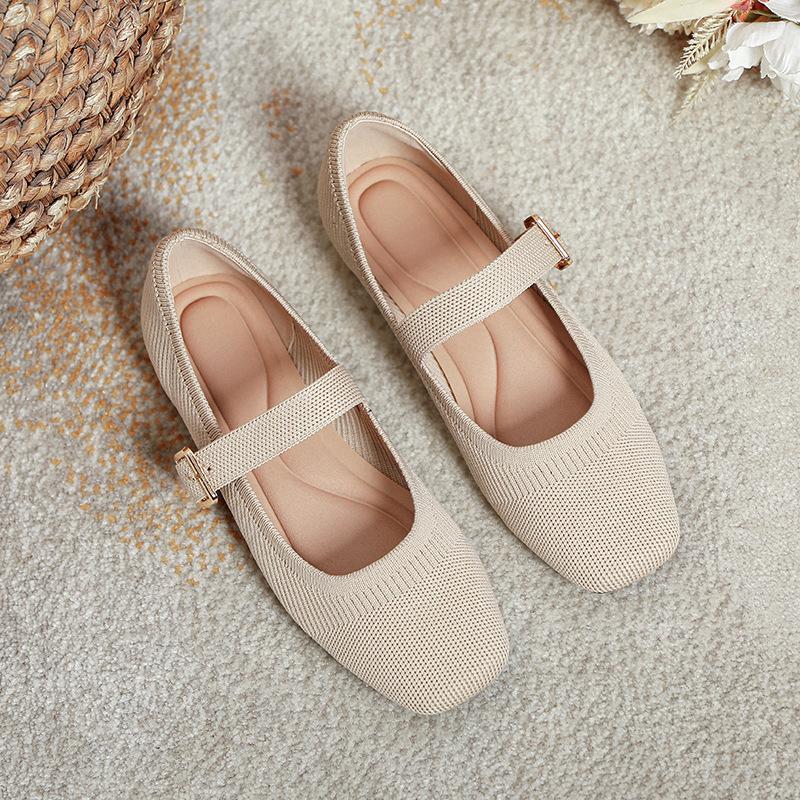 

Весенние и осенние туфли Мэри Джейн с пряжкой в виде летящего японского узора, женские трикотажные туфли с квадратным носком и плоской подошвой, легкие повседневные балетки 34 абрикосовый
