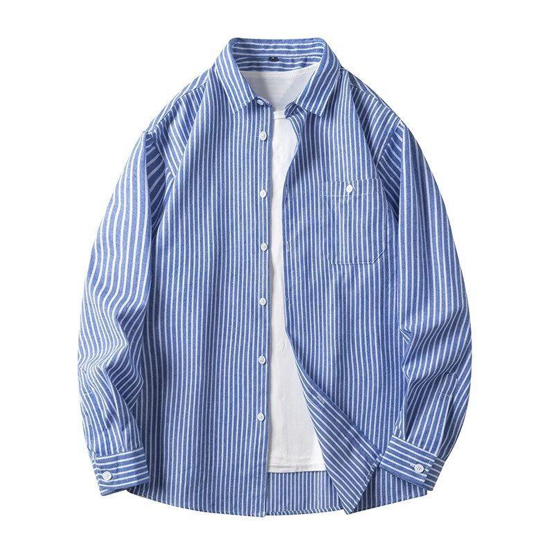 Retro Autumn Coat Trendy Striped Loose Japanese Long-sleeved Shirt Men's Casual Shirt