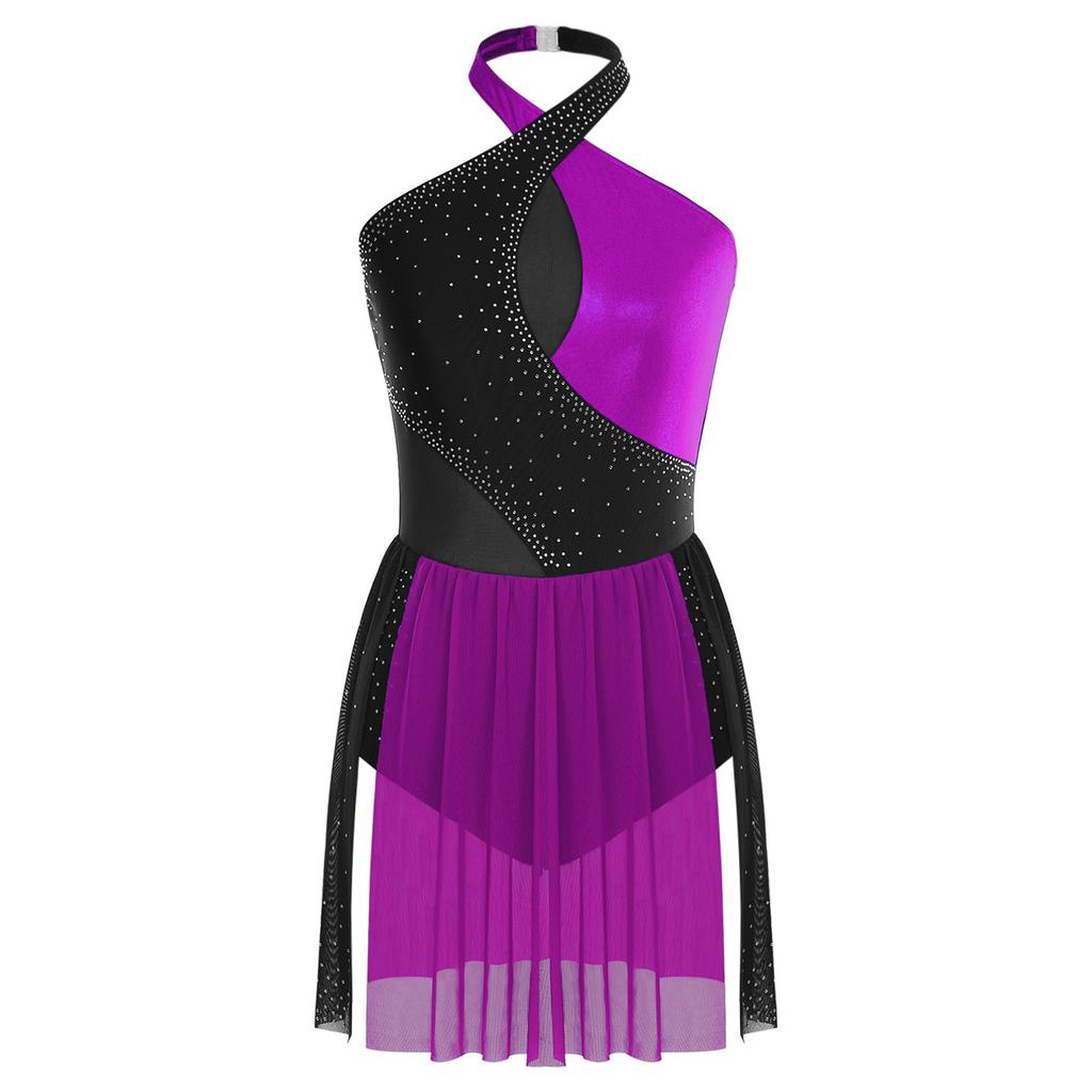 Womens Figure Skating Leotard Sparkle Rhinestone Irregular Hem One Piece Bodysuit Dress Ballet Latin Dance Costume