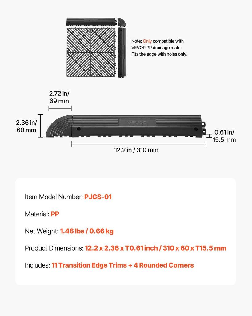 Transition Edge Kit, 11-Piece, Durable Straight Garage Floor Edging, PP Material, Easy Installation, Edge Protection for Wet Area Restaurant Pool,