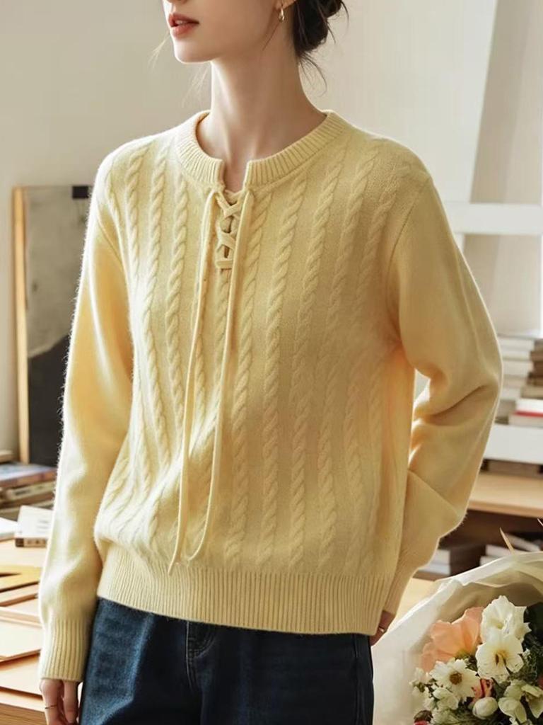 Women's Versatile Cable Knit Sweater - Loose Fit, Soft & Fluffy, Long Sleeve, Lace-Up, Round Neck for Autumn/Winter