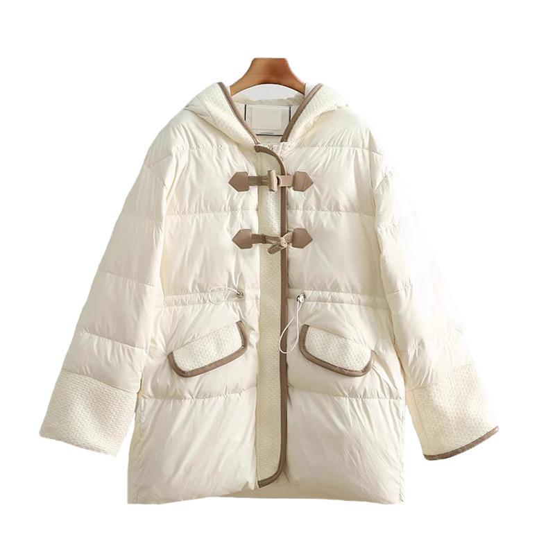 Hooded horn buckle down jacket women's 2024 winter new fashion sweet waist drawstring warm white duck down jacket