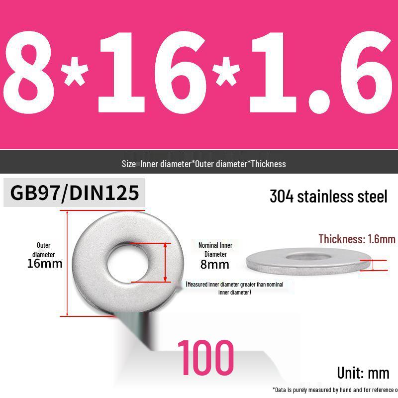 304 Stainless Steel Thickened Flat Washer Ring - Various Sizes (M1.6-M22)