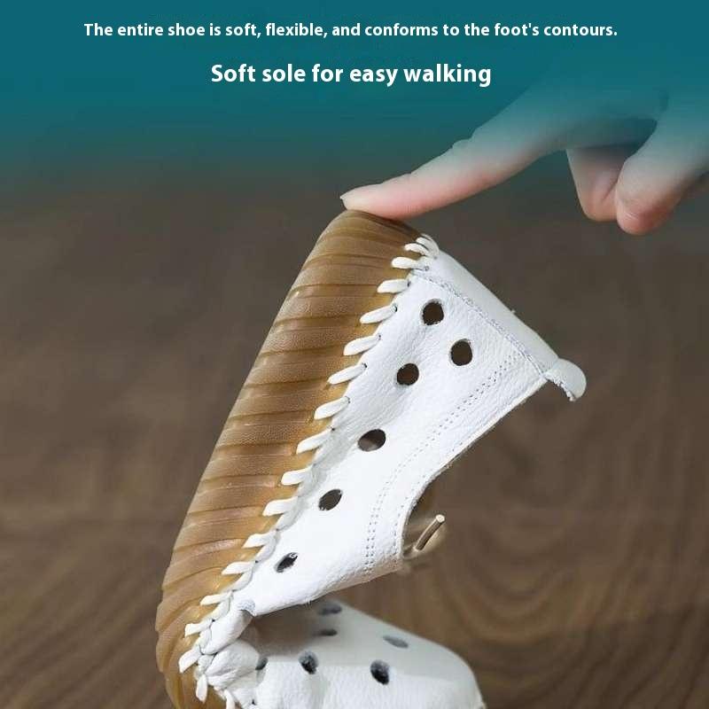 Hollow Women's Shoes Summer Hole Shoes Cowhide Bottom Sandals Breathable Casual Soft Bottom Mother Shoes