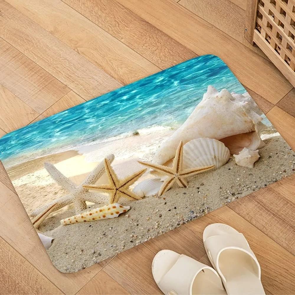 3D Beach Starfish Seashell Bath Mat Non‑Slip Absorbent Coastal Rug