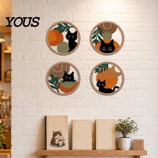 Animal Wall Decoration 4Pcs Black Cat Decor Set, Boho Cartoon Hanging Art, Set Farmhouse Rustic Wooden Plants Sign for Bedroom Living Room