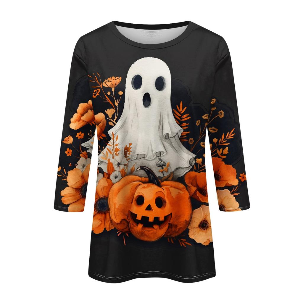 Women's Fashion Casual Three-quarter Sleeve Halloween Printed Round Neck Top