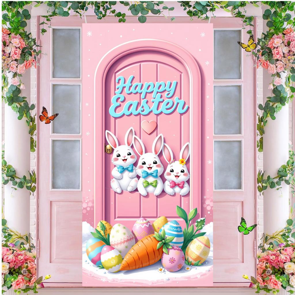Happy Easter Door Cover Funny Bunny Lining for Doors Easter Spring Colorful Eggs Rabbit Flower Backdrop Home Door Decoration New