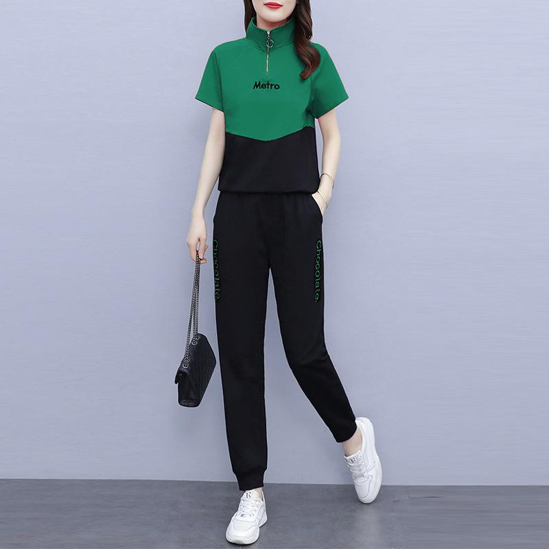 Good Korean Style Contrast Color Sweatshirt Suit Women's Large Size Fat and Slim Summer Wear Fashionable Age Reducing Trendy Sweatpants