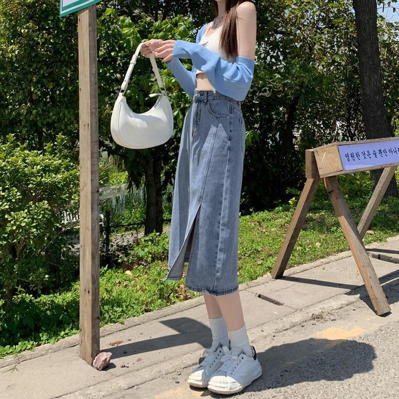 

Модная джинсовая юбка с боковым разрезом для женщин, весенне-летняя универсальная повседневная женская юбка средней длины с высокой талией XL синий